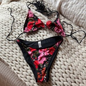 Heavy Manners Black and Red Floral Bikini SET